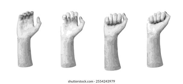 Hand clenching fist, gesture in process, sign isolated on white background. Halftone dotted retro style vector
