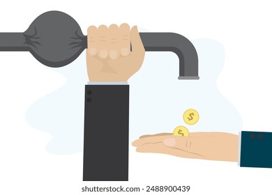 Hand of clerk or tax inspector pinched pipeline. Closing cash flow. Lack of profit and financial success. Problems with cash and payments. Economic crisis. Company or entrepreneur is bankrupt. vector