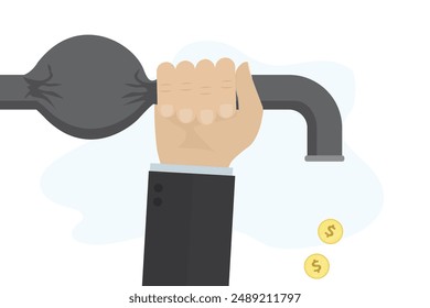 Hand of clerk or tax inspector pinched pipeline. Closing cash flow. Lack of profit and financial success. Problems with cash and payments. Economic crisis. Company is bankrupt. vector illustration