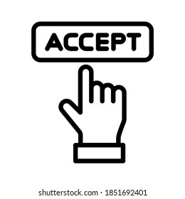 Hand Click Accept Button. Line Vector. Isolate On White Background.