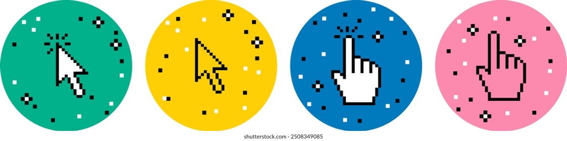 Hand click and arrow pointer cursor icon set in pixel art. Y2k trendy stickers. Pixel elements. Mood of 90's. Cyber aesthetic. 8-bit retro style vector illustration for collage, web, banner, poster