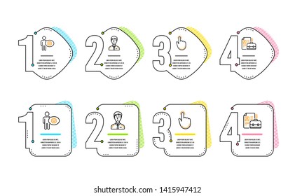 Hand click, Businessman person and Cogwheel icons simple set. Vacancy sign. Location pointer, Male user, Engineering tool. Hiring job. People set. Infographic timeline. Line hand click icon. Vector