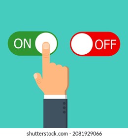 Hand click a button off or on. Flat illustration. Modern button for web design. Ui design concept.