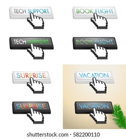 Hand Click button TECH SUPPORT, BOOK FLIGHT, SURPRISE, VACATION icons