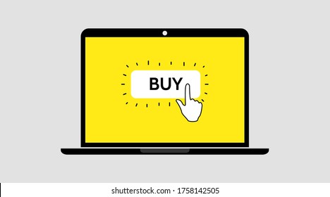 Hand click Buy button. Online shopping. Order online. laptop Notebook screen template. Computer symbol. vector illustration  isolated background.