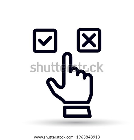 Hand click in check or cross line icon in simple design on white background. Choose concept. Cursor select hand icon, yes and no, agree or disagree.