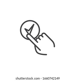 Hand click check mark line icon. linear style sign for mobile concept and web design. Positive feedback rating outline vector icon. Symbol, logo illustration. Vector graphics