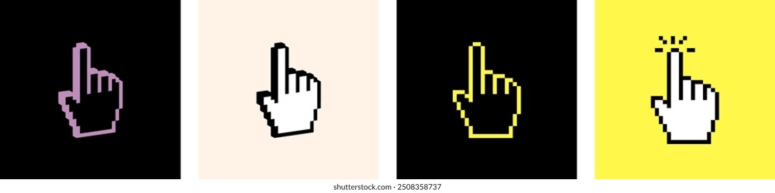 Hand click cursor icon set. Finger touch gesture. Y2k trendy stickers. 3D pixel elements. Mood of 90's. Cyber aesthetic. 8-bit retro style vector illustration for collage, web, banner, poster, print