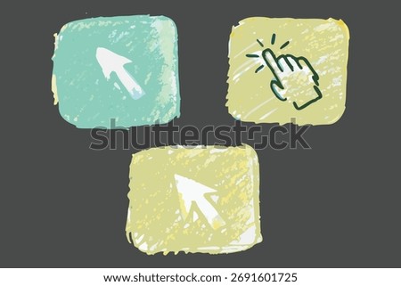 Hand Click and Cursor Icon Set with Grunge Texture Vector Illustration	
