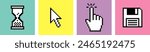 Hand click cursor. Pointer icon. Diskette or floppy disk. Set of pixels elements. UI. Y2k trendy stickers. Mood of 90's aesthetics. 8-bit retro style vector illustration. Neon colorful background