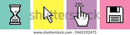 Hand click cursor. Pointer icon. Diskette or floppy disk. Set of pixels elements. UI. Y2k trendy stickers. Mood of 90's aesthetics. 8-bit retro style vector illustration. Neon colorful background