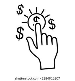 hand click dollar coin icon in modern silhouette style design. Vector illustration isolated on white background.
