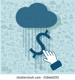 Hand click Dollar symbol on Cloud Computing with technology vector background
