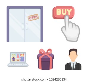 Hand, click, elevator, gift, box, door, online store and other equipment. E commerce set collection icons in cartoon style vector symbol stock illustration web.