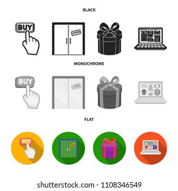 Hand, click, elevator, gift, box, door, online store and other equipment. E commerce set collection icons in black, flat, monochrome style vector symbol stock illustration web.