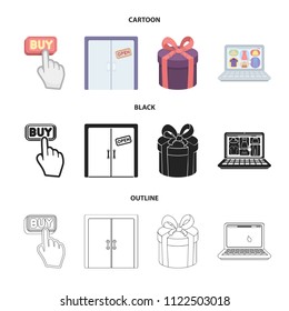 Hand, click, elevator, gift, box, door, online store and other equipment. E commerce set collection icons in cartoon,black,outline style vector symbol stock illustration web.