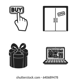 Hand, click, elevator, gift, box, door, online store and other equipment. E commerce set collection icons in black style vector symbol stock illustration web.
