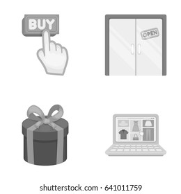Hand, click, elevator, gift, box, door, online store and other equipment. E commerce set collection icons in monochrome style vector symbol stock illustration web.