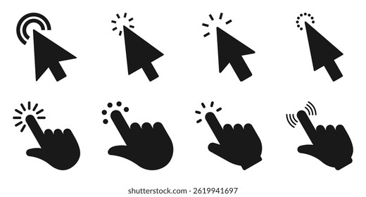 Hand click icon. Cursor hand symbol. Arrow click signs, pointer icon, touch screen, gesture, click here signs, arrow clicking icon, cursor vector. Hand and arrow pointers vector illustration.