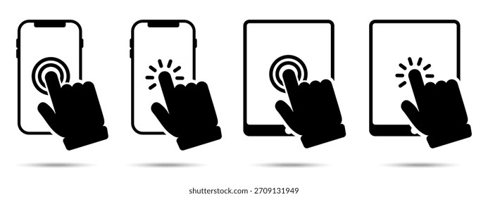 Hand click icon. Hand click icon on a white background, isolated. The icon has three uses in applications and websites. Vector illustration. Hand click icon on a white background.