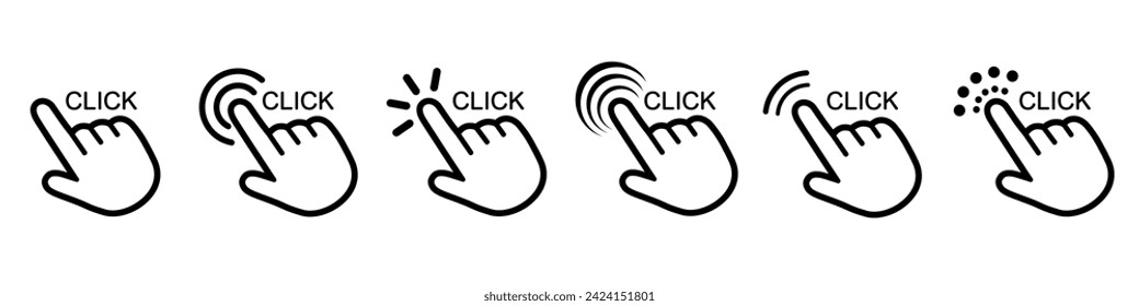 Juego de iconos de clic con la mano, iconos de conjunto de cursor, clic o pulse conjunto de cursor, puntero, clic aquí, clic con la mano, dedo, pantalla táctil, carga, progreso - vector
