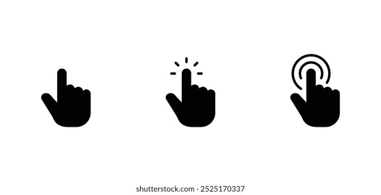 Conjunto de iconos de Hacer clic de mano. icono de puntero. Haga clic en el cursor, señalando los íconos de los Hacer clic de la mano