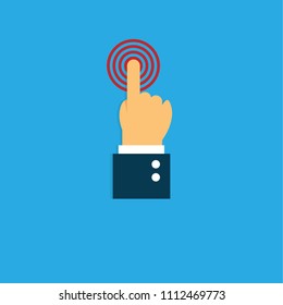 Hand click icon - Touch icon concept. Hand touch. Push or press sign. Finger presses.  vector illustration. hand icon with shadow and red target isolated on blue background