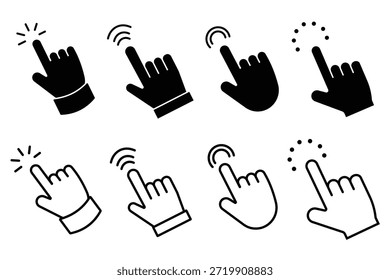 Vector del icono del Hacer clic de la mano para el Web y el App móvil, UI del logotipo, diseño de UX. Vector de icono de Hacer clic, conjunto de iconos de cursor de mano. Flecha del puntero del ratón, conjunto de iconos de Hacer clic de computadora. Ilustración vectorial.