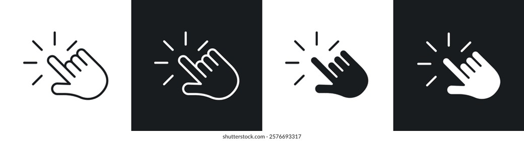 Hand click icons collection in black and white solid and line style