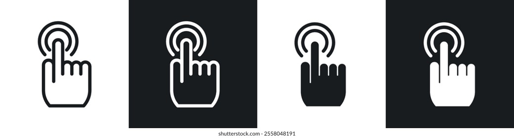 Hand click icons pack in black and white filled and outlined versions.