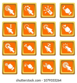 Hand click icons set vector orange square isolated on white background 