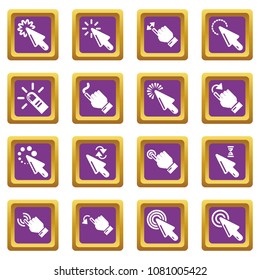 Hand click icons set vector purple square isolated on white background 