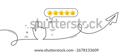 Hand Click line icon. Continuous line with share plane. Finger touch sign. Cursor pointer symbol. Five star rate review in speech bubble. Hand click single line ribbon. Loop curve pattern. Vector