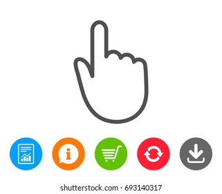 Hand Click line icon. Finger touch sign. Cursor pointer symbol. Report, Information and Refresh line signs. Shopping cart and Download icons. Editable stroke. Vector