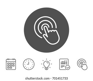 Hand Click line icon. Finger touch sign. Cursor pointer symbol. Report, Clock and Calendar line signs. Light bulb and Click icons. Editable stroke. Vector