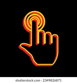 Hand click on button. 3D Extruded Yellow Icon with Red Sides a Black background. Illustration.