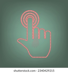Hand click on button. Apricot Icon with Brick Red parquet floor graphic pattern on a Ebony background. Feldgrau. Green. Illustration.