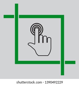 Hand click on button. Black icon inside green crop tool at light gray background