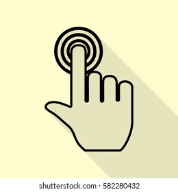 Hand click on button. Black icon with flat style shadow path on cream background.