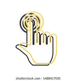 Hand click on button. Blue icon with gold contour with dark gray shadow at white background. Illustration.