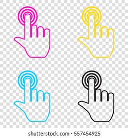Hand click on button. CMYK icons on transparent background. Cyan, magenta, yellow, key, black.