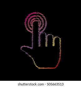 Hand click on button. Coloful chalk effect on black backgound.
