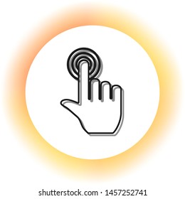 Hand click on button. Dark icon with shadow on the glowing circle button. Illustration.