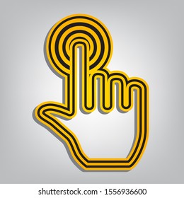 Hand click on button. Flat orange icon with overlapping linear black icon with gray shadow at whitish background. Illustration.