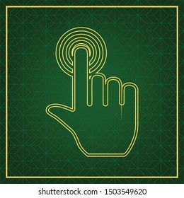 Hand click on button. Golden icon with gold contour at dark green gridded white background. Illustration.