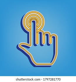 Hand click on button. Golden Icon with White Contour at light blue Background. Illustration.