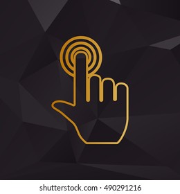 Hand click on button. Golden style on background with polygons.