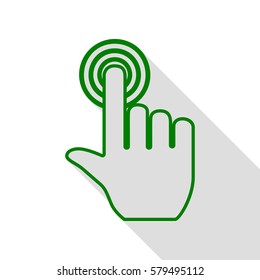 Hand click on button. Green icon with flat style shadow path.