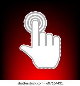 Hand click on button. Postage stamp or old photo style on red-black gradient background.