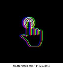 Hand click on button. Red, green and blue unfocused contour icon at black background. Illustration.